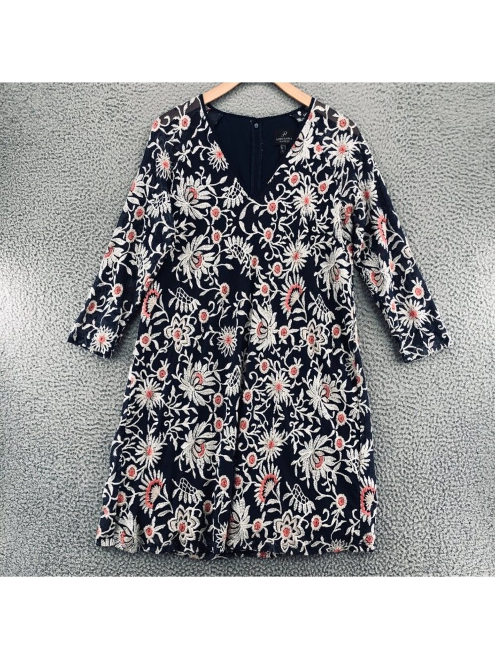 Adrianna Papell Dress Womens 6 Navy Ivory Embroidered Floral Mini Shift V Neck